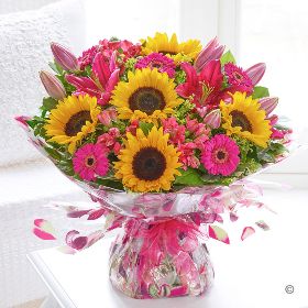 The Celebration Cerise Germini & Sunflower Hand tied LARGE  H62402MS