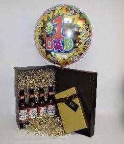 Father's Day Budweiser Four Pack Gift Box with 120g Chocolates and No 1 Dad Balloon