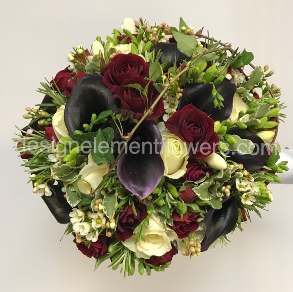 Compact Bridal Posy Red Rose Spray , White Roses , Wax Flower and Callas 