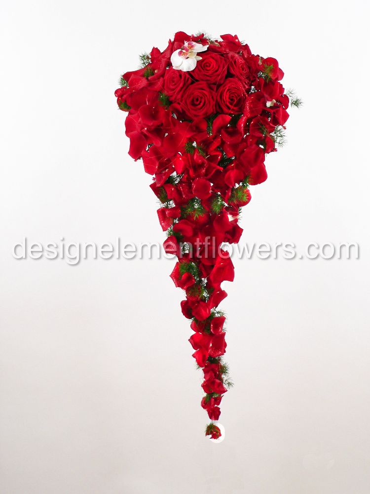Bridal Drop Shower Red Roses and Rolled Petals with Orchid 