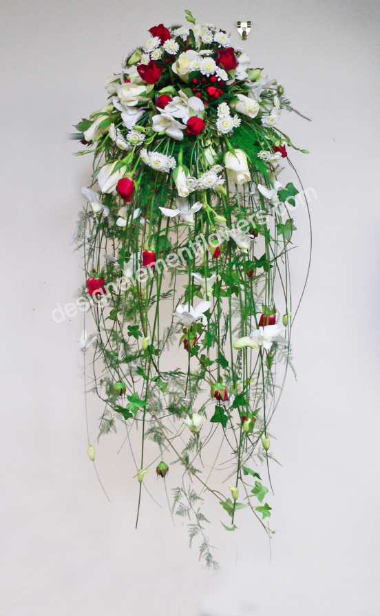 Modern Drop Shower with Red Spray Roses and White Dendrobiums 
