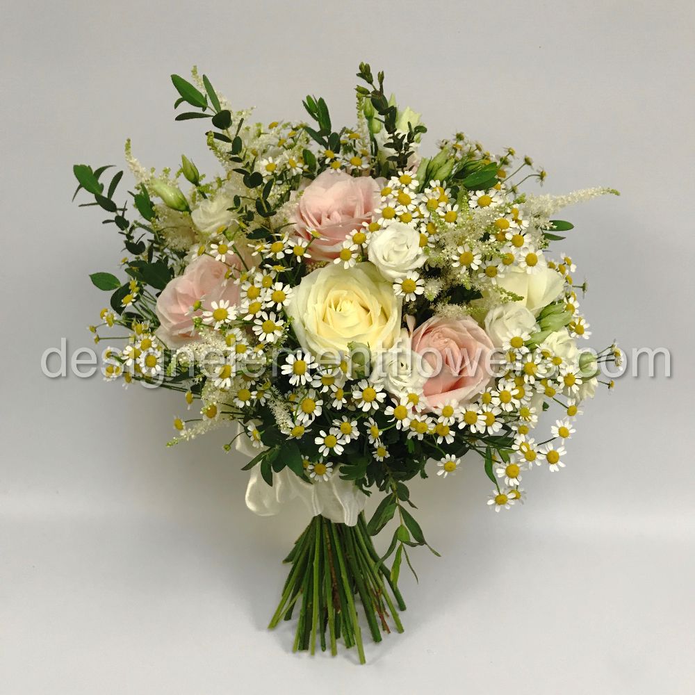 Brides Country Garden Hand-tied Bouquet with white roses, Sweet Avalanche, Astilbe , Matarcaria Flower and Foliages 