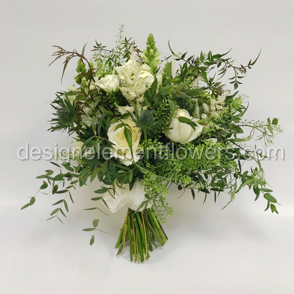Brides Country Garden Style Hand-tied With White Roses , Eryngium ,Snap Dragons, Astilbe and Jasmine Foliage