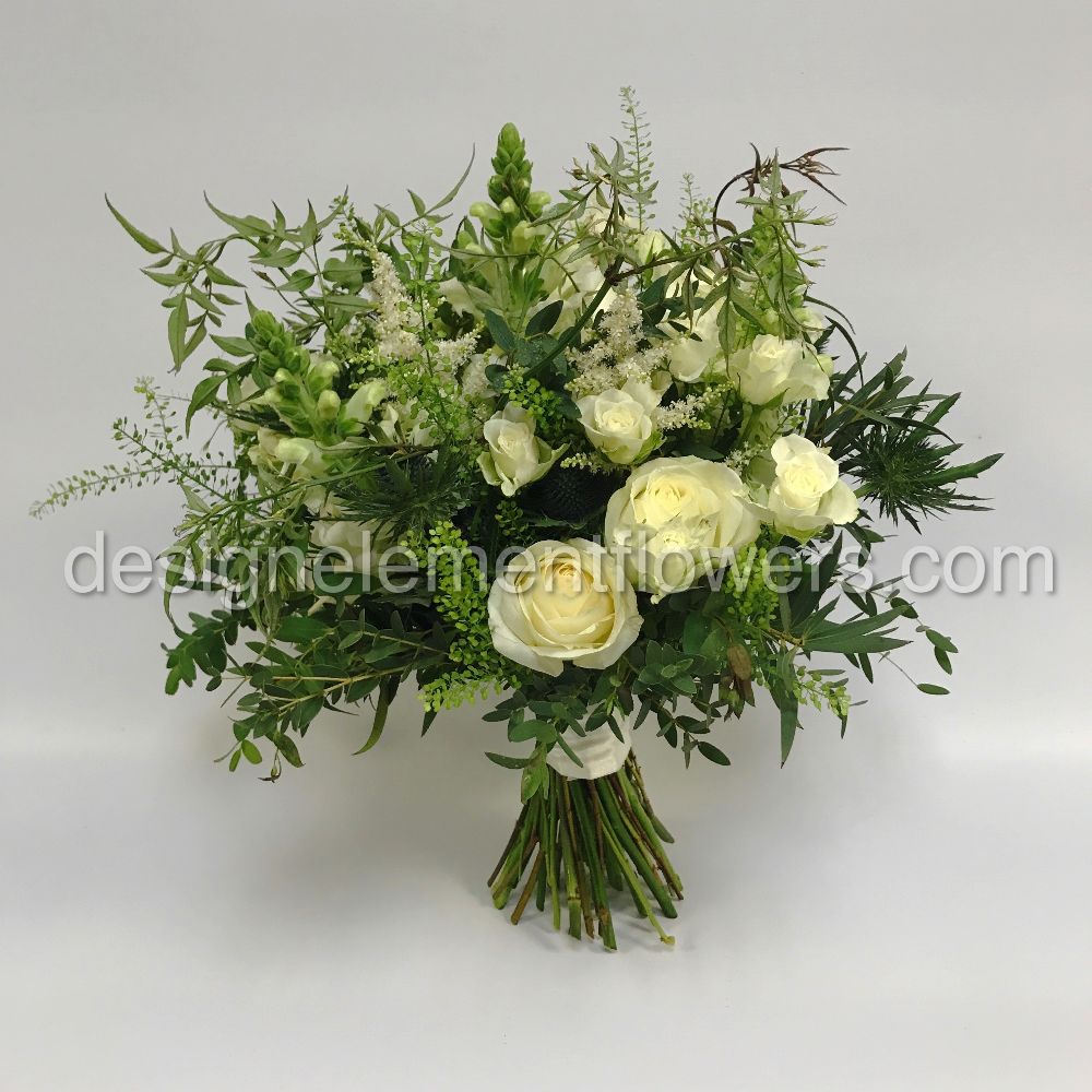 Brides Country Garden Style Hand-tied With White Roses , Eryngium ,Snap Dragons, Astilbe and Jasmine Foliage