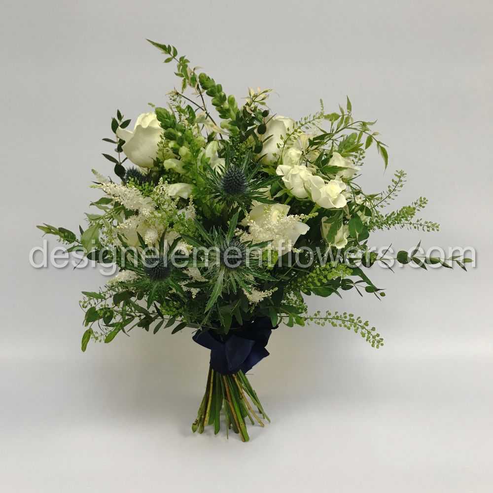 Bridesmaid Country Garden Style Hand-tied With White Roses , Eryngium ,Snap Dragons, Astilbe and Jasmine Foliage