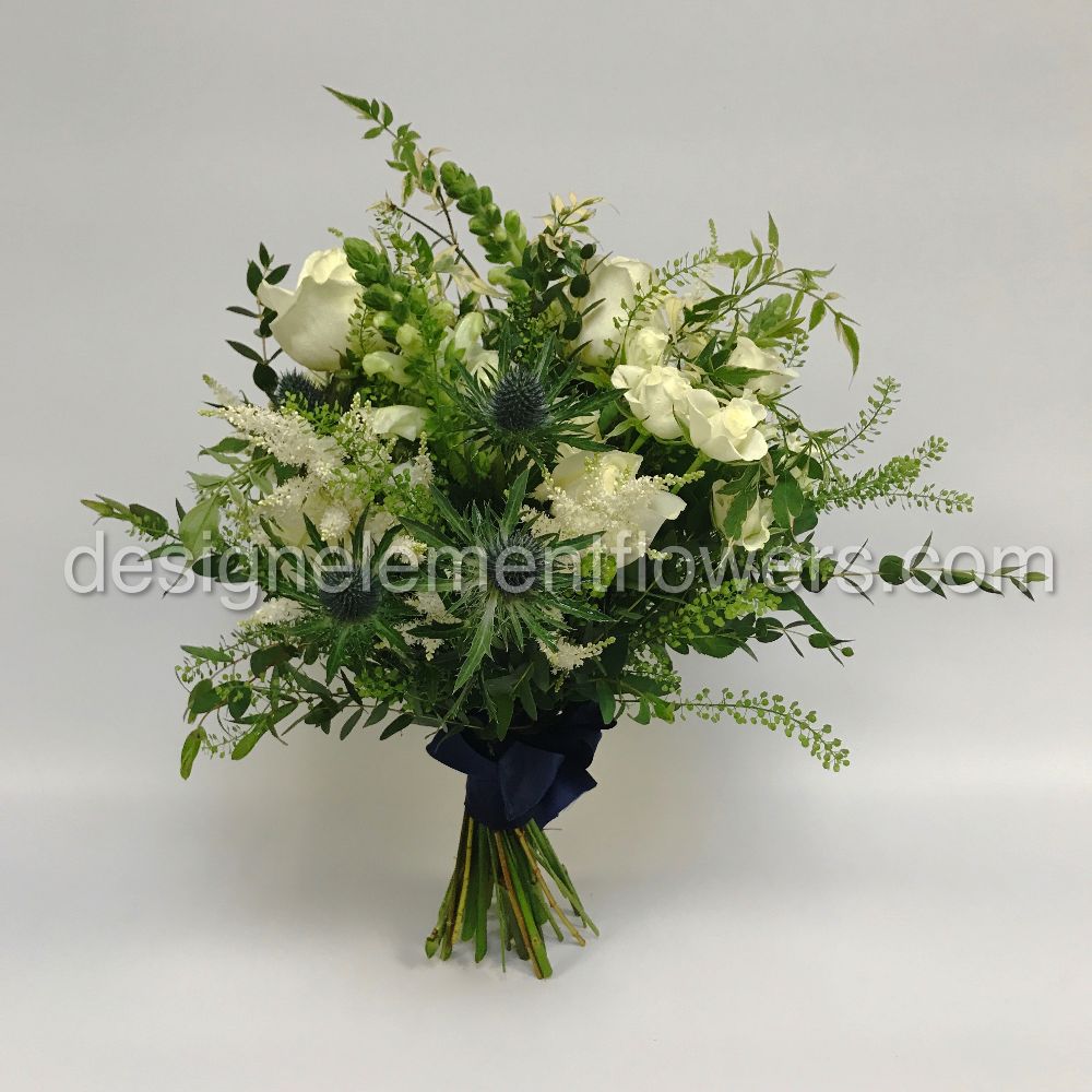Bridesmaid Country Garden Style Hand-tied With White Roses , Eryngium ,Snap Dragons, Astilbe and Jasmine Foliage