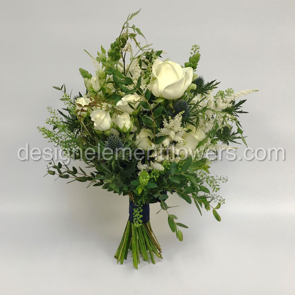 Bridesmaid  Country Garden Style Hand-tied With White Roses , Eryngium ,Snap Dragons, Astilbe and Jasmine Foliage