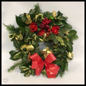Holly Wreath With Red Flowers 
