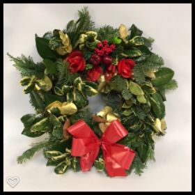 Holly Wreath With Red Flowers 