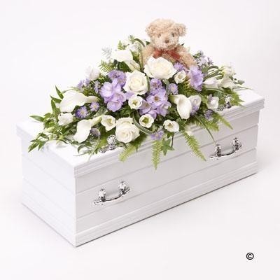 Childrens Casket Spray with Teddy Bear Blue & Lilac