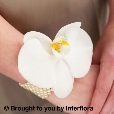 Pure White Orchid and Pearl Wrist Corsage hand delivered locally in irlam , cadishead , manchester , salford , eccles , worsley , stretford , urmston and also through Interflora Relay Service 