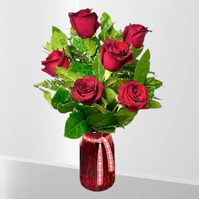 Red Glass Small Vase with 6 Red Explorer Roses delivered  through Manchester, Eccles, Salford, Urmston, Irlam, Cadishead, Rixton 