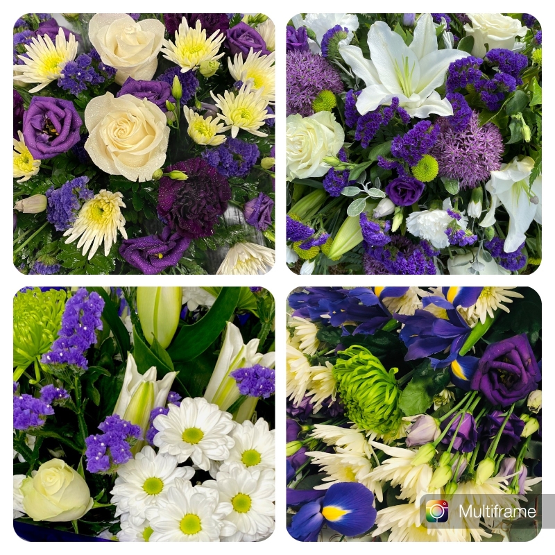 Florist Choice Hatbox Arrangement Purple, Green & Whites 
