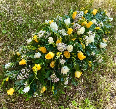 White & Yellow Roses, Freesia Coffin Spray