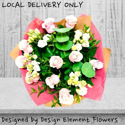 LOCAL Sweet Sensation Pink Roses and White Lizzy Hand-tied Bouquet