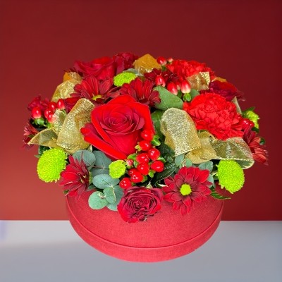 LOCAL Christmas Red Hatbox Arrangement 