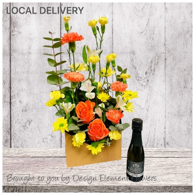 LOCAL Orange & Yellow & Orange Natural Kraft Envelope Arrangement  with a Small 20cl Prosecco