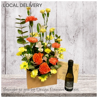 LOCAL Orange & Yellow & Orange Natural Kraft  Envelope Arrangement  with a Small 20cl Prosecco & 115g Chocolates