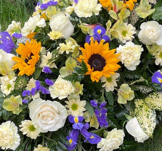 LOCAL Country Sunflower, Yellow Rose and Blue Coffin Spray 