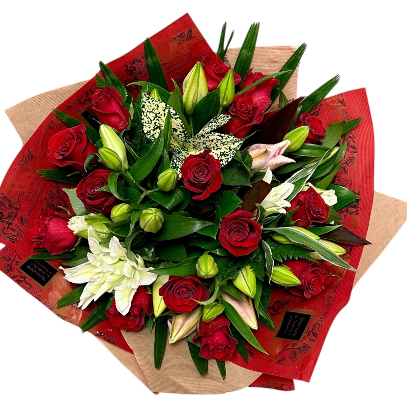 Local Luxury Red Rose & Lily Hand-tied Bouquet 