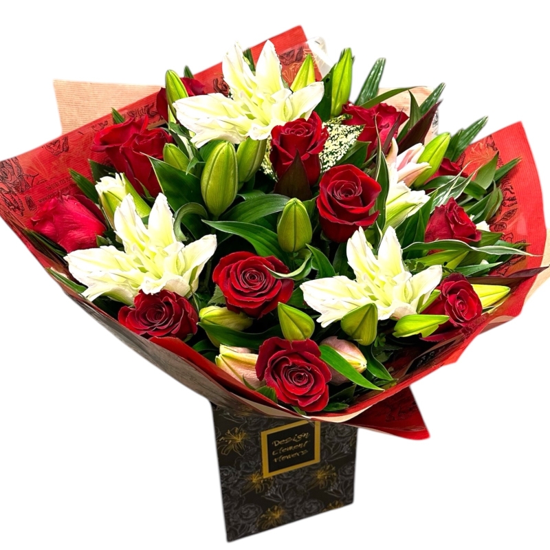 Local Luxury Red Rose & Lily Hand-tied Bouquet 