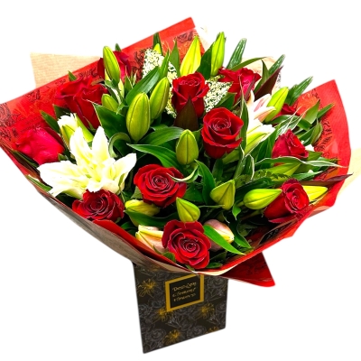 Local Luxury Red Rose & Lily Hand-tied Bouquet 