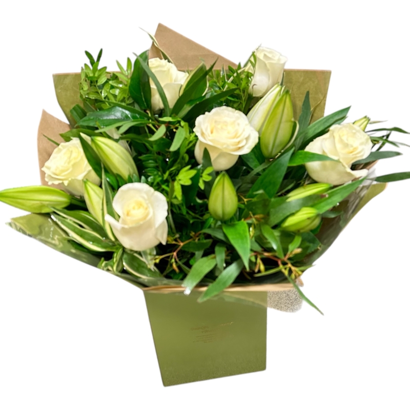 Local Luxury White Rose and White Oriental Lily Hnad tied