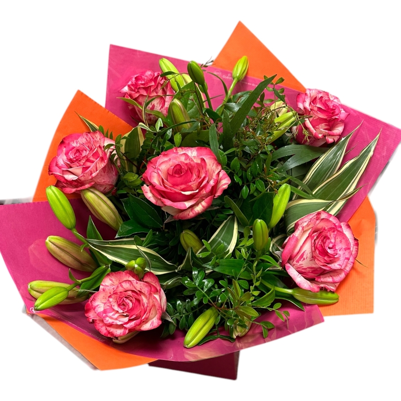 Local Magic Roses and Pink Asiatic Lily None Scented Hand-tied 