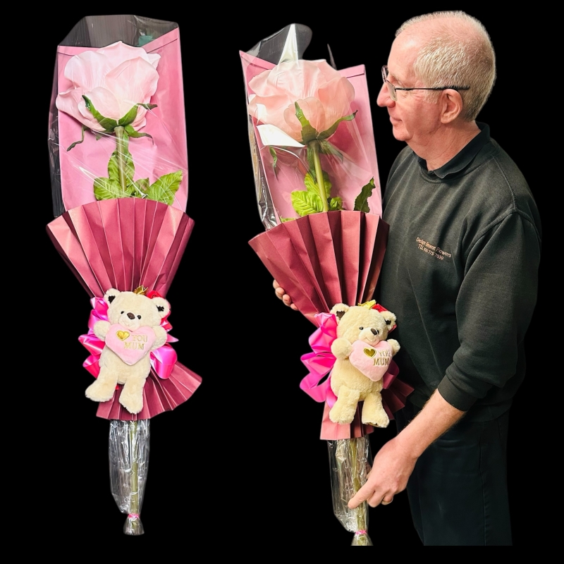 LOCAL Mothers Day Large Silk Pink Rose with Teddy 