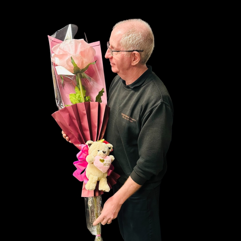 LOCAL Mothers Day Large Silk Pink Rose with Teddy 