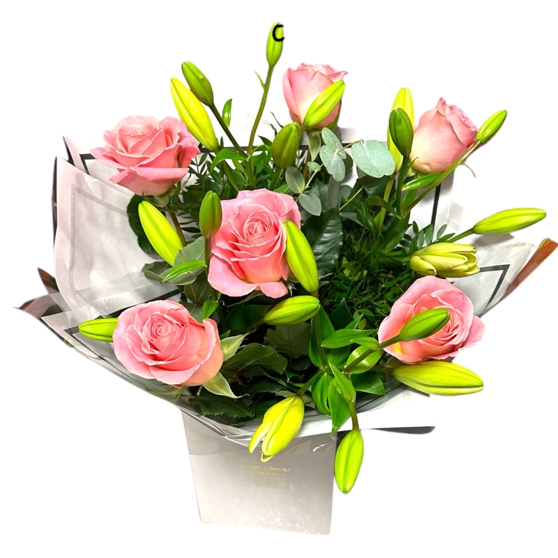Local Pink Roses & White Asiatic None Scented Lily Hand-tied 