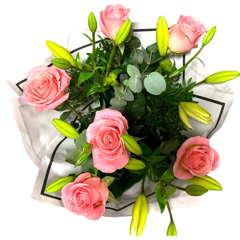Local Pink Roses & White Asiatic None Scented Lily Hand-tied 
