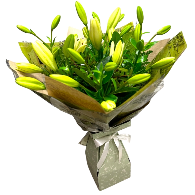 LOCAL White Asiatic Lily Handtied Bouquet in Vintage Box 