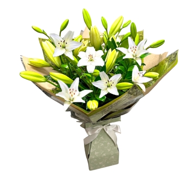 LOCAL White Asiatic Lily Handtied Bouquet in Vintage Box 