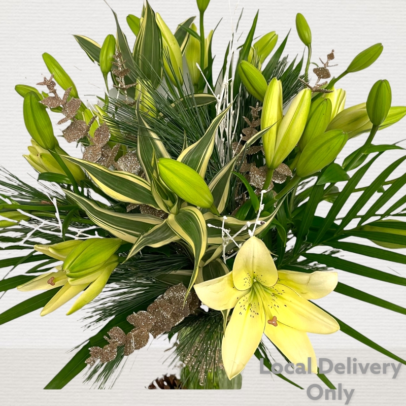 LOCAL Winter White Asiatic Lily with White Deer Vase  