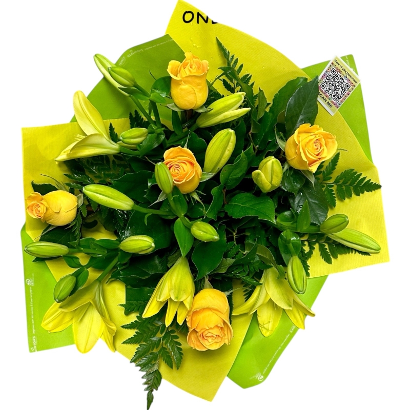 Local Yellow Roses and Yellow Asiatic Lily None Scented hand-tied 