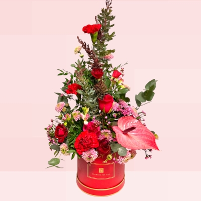 Mothers Day Front Facing Red Hatbox Arrangement 