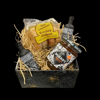 Salford Dark Spiced Rum 2 Miniature Bottles Gift Set with Salford Eccles Cakes & Duerr's Manchester Marmalade