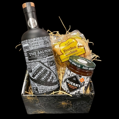 Salford Dark Spiced Rum 70cl Gift Set with Salford Eccles Cakes & Duerr's Manchester Marmalade