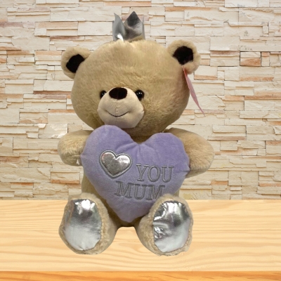 TEDDY WITH SILVER CROWN AND LILAC HEART