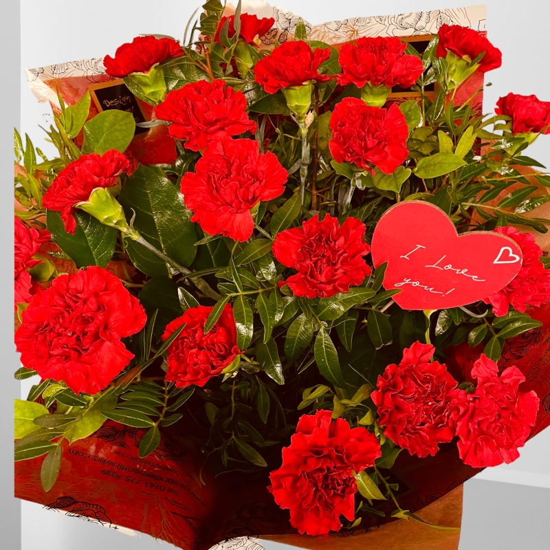 Valentines I LOVE YOU Red Carnations Hand-tied 