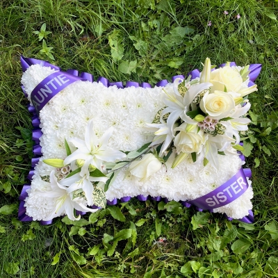 White & Purple Pillow with White Lilies & Roses 