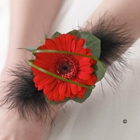 Red Gerbera and Feather Wrist Corsage hand delivered in manchester , irlam ,cadishead , salford , urmston , firswood , stretford , trafford , eccles , peel green , urmston and also through Interflora Relay Service 