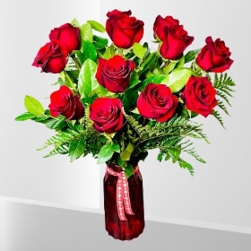 Red Glass Medium Vase with 12 Red Explorer Rose in Manchester, salford,Eccles,Irlam, cadishead, Urmston,