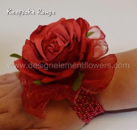 KEEPSAKE RANGE Silk Red Rose and Voile Ribbon Wrist Corsage can be hand delivered in Manchester , Salford , Eccles , Worsley , Irlam , Cadishead , Urmston, Peel Green , Partington , sale 