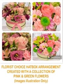 Florist Choice Hand tied Hatbox Arrngement in Pink Shades 