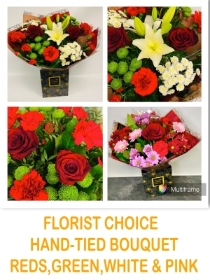 Florist Choice Hand-tied Design in Reds, Greens and Whites 