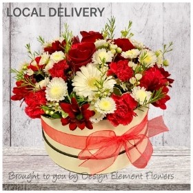 Crimson and White Hatbox Arrangement 