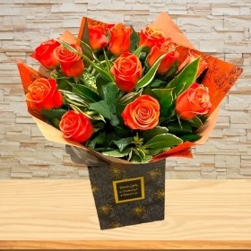 LOCAL Autumn Orange 12 Rose Crush Hand tied Bouquet