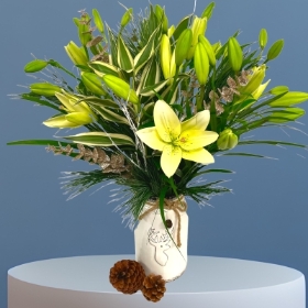 LOCAL Winter White Asiatic Lily with White Deer Vase  
